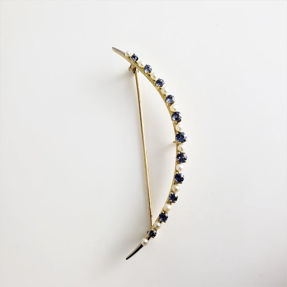 Vintage 14K Yellow Gold Blue Zircon & Pearl Crescent Moon Brooch/Pin GAI #8756 - Picture 4 of 8